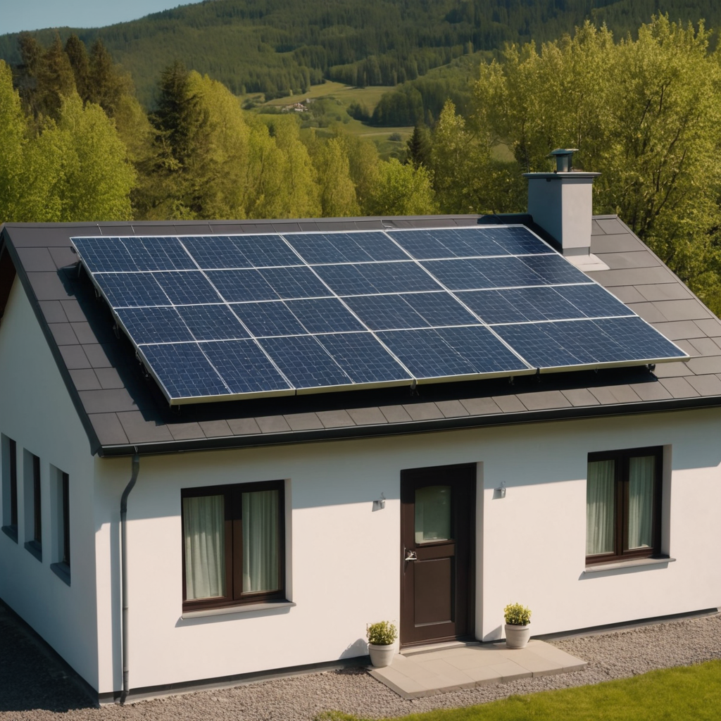 A residential house with solar panels on the roof, sunny day, realistic style